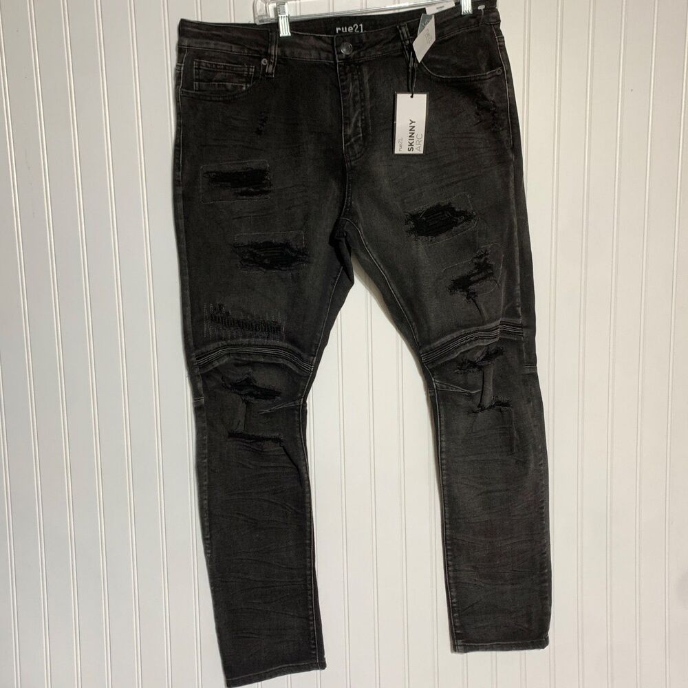 Rue21 Men’s Supreme Flex Stacked Skinny Arc Distressed Black Jeans Size 38x32